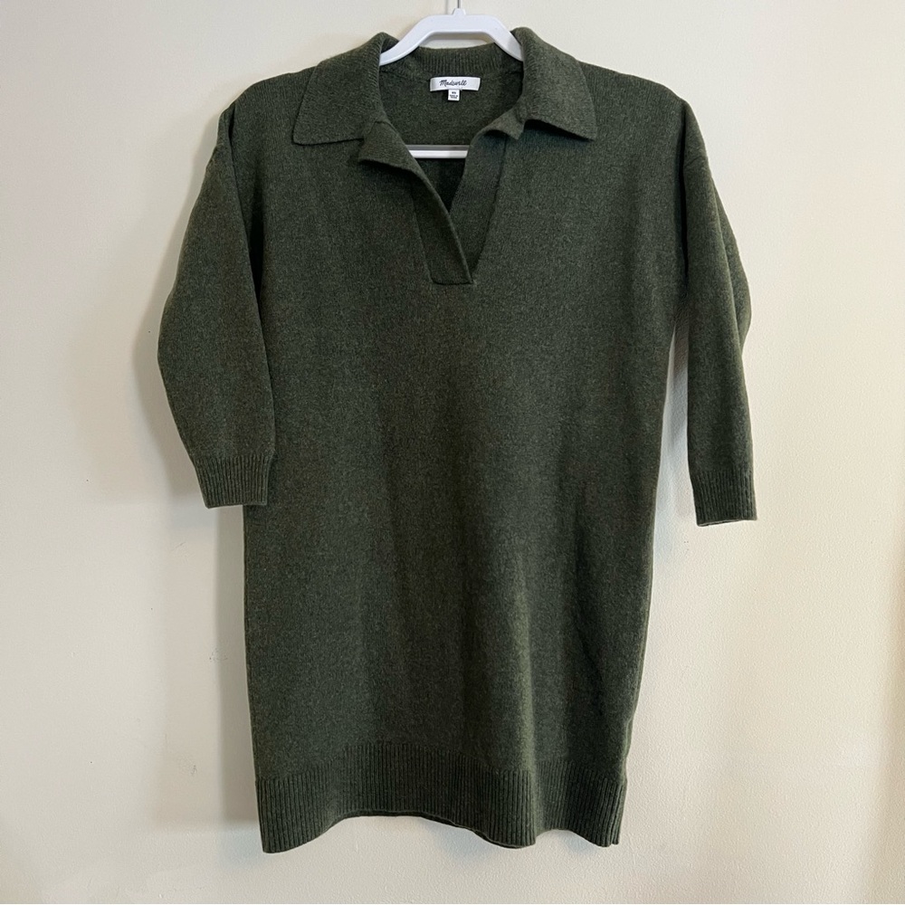 Madewell Green wool blend 3 quarter sleeve shirt dress v neck collar women's XS
